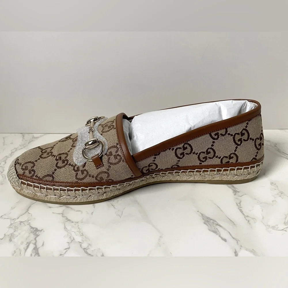 New Gucci Womens Espadrilles Brown Camel GG Canvas Size 38